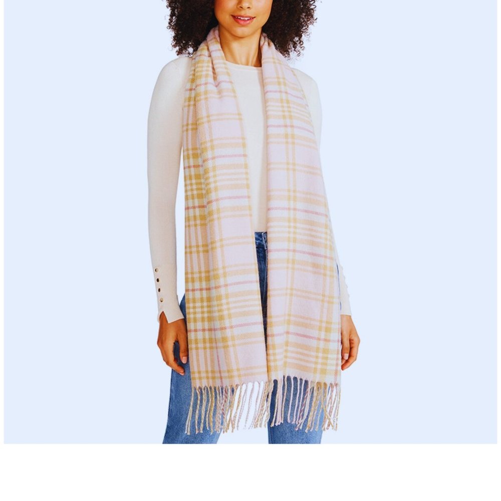 Steve Madden Women's Tartan Plaid Scarf with Fringe Detail - Blush NWT